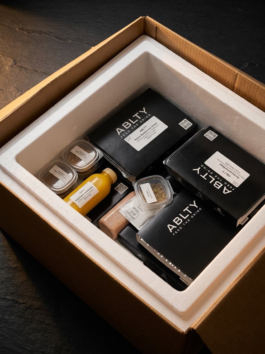 ABLTY performance meal delivery box packed for a professional sports team in the DMV