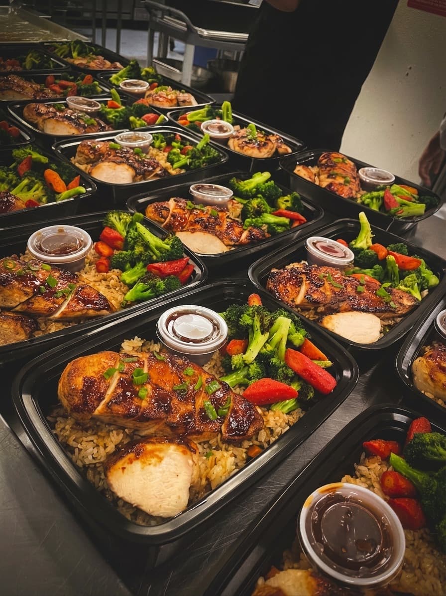 Production-scale meal containers with chicken, broccoli, and rice on stainless steel prep line