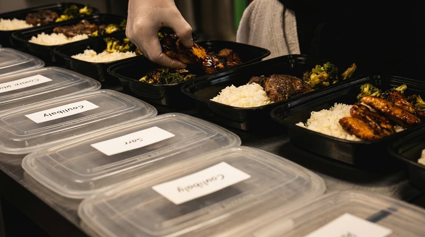 Labeled meal containers with athlete names being portioned in ABLTY kitchen